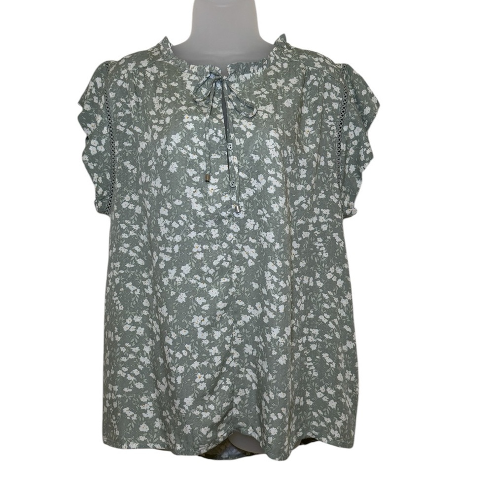 Buffalo David Britton Woven Printed Flutter Sleeve Top Split Neckline Size L - Picture 3 of 12